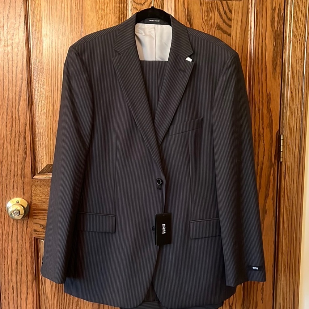 Men’s Hugo Boss Pasolini pinstripe suit, NWT, raw hem pants ready to tailor.